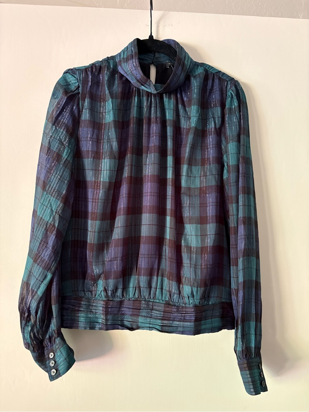 Ann Taylor Plaid High-Neck Long Sleeve Top in Teal and Purple